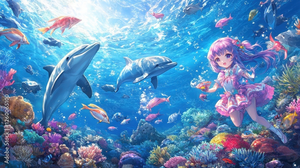 Fototapeta premium Anime girl swims with dolphins over a colorful coral reef