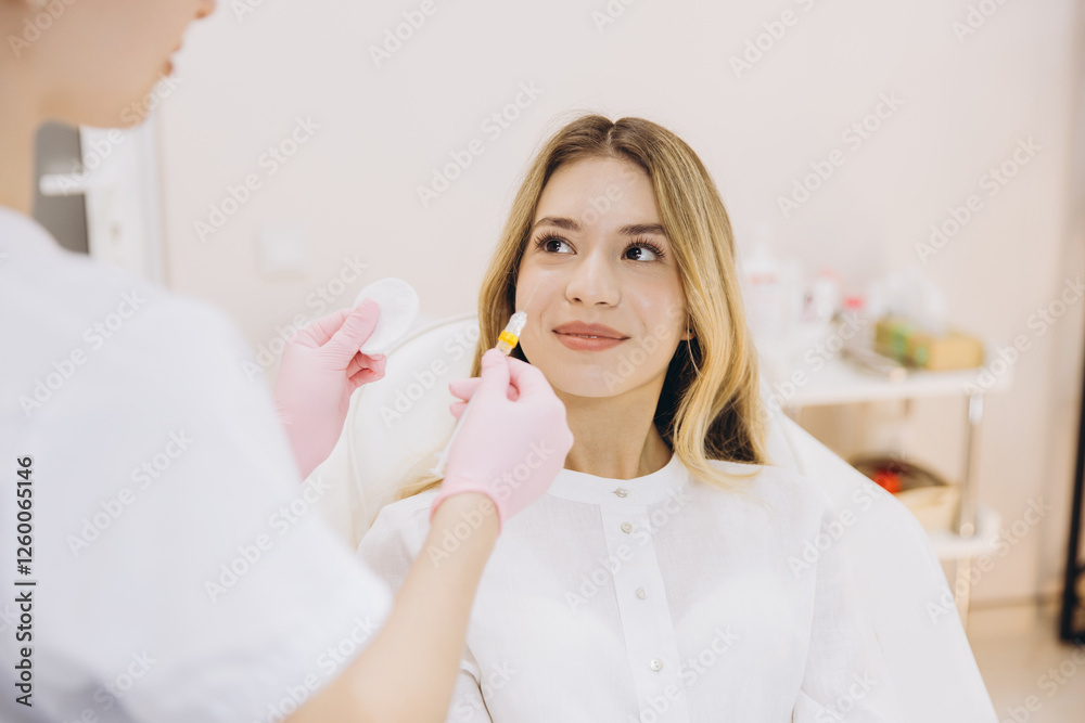 Fototapeta premium Cosmetologist wearing pink gloves holding syringe and cotton pad, preparing botox injection for smiling woman in white shirt
