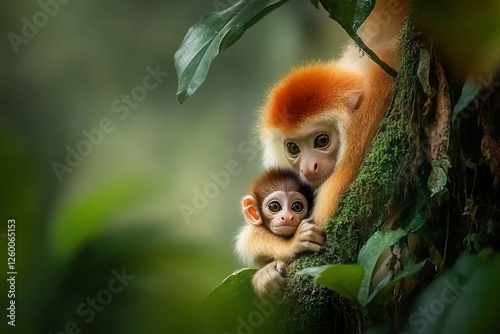 Red-shanked douc langur mother cradles her baby in a lush green rainforest.