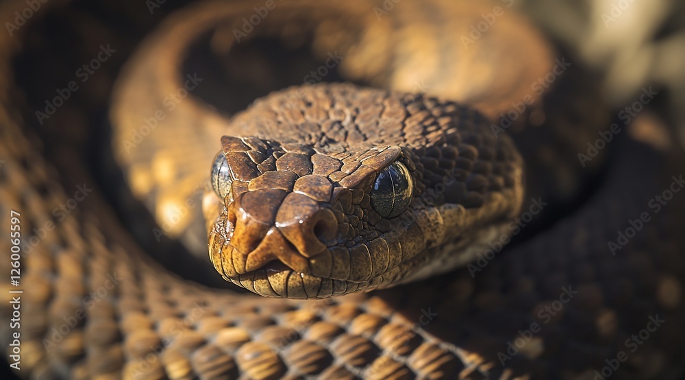 Close-up of a coiled brown snake's head, showing scales and eyes. Close-up of a coiled brown snake's head, showing scales and eyes.