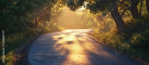 Serene asphalt road illuminated by a golden sunrise surrounded by lush green foliage creating a tranquil and picturesque natural scene photo