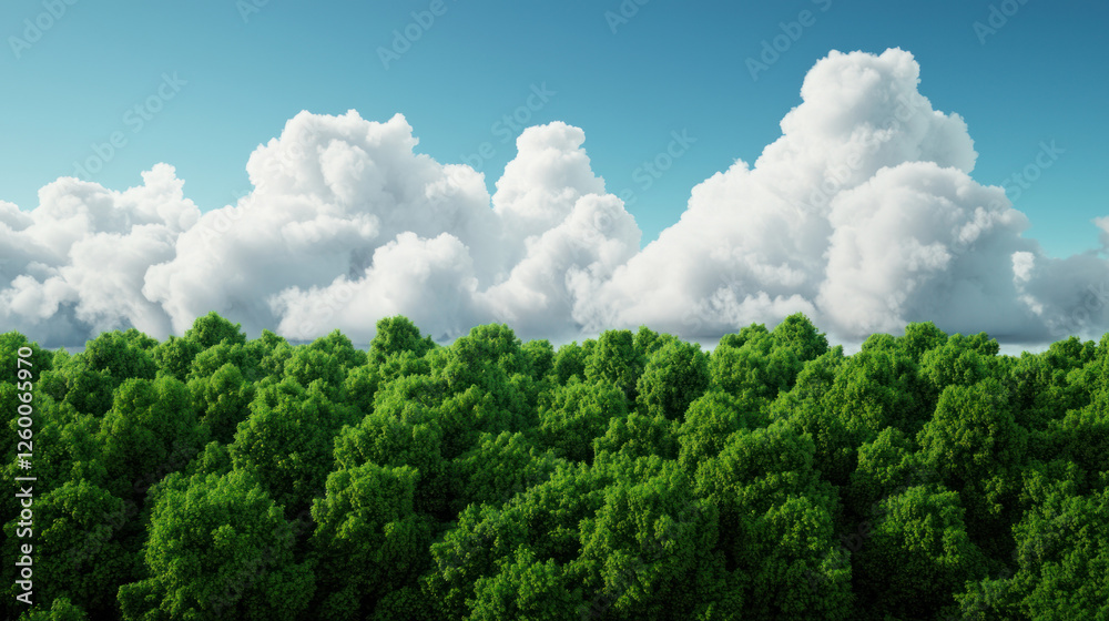 Lush green forest under bright blue sky with fluffy clouds. Nature beauty shines through Lush green forest under bright blue sky with fluffy clouds. Nature beauty shines through