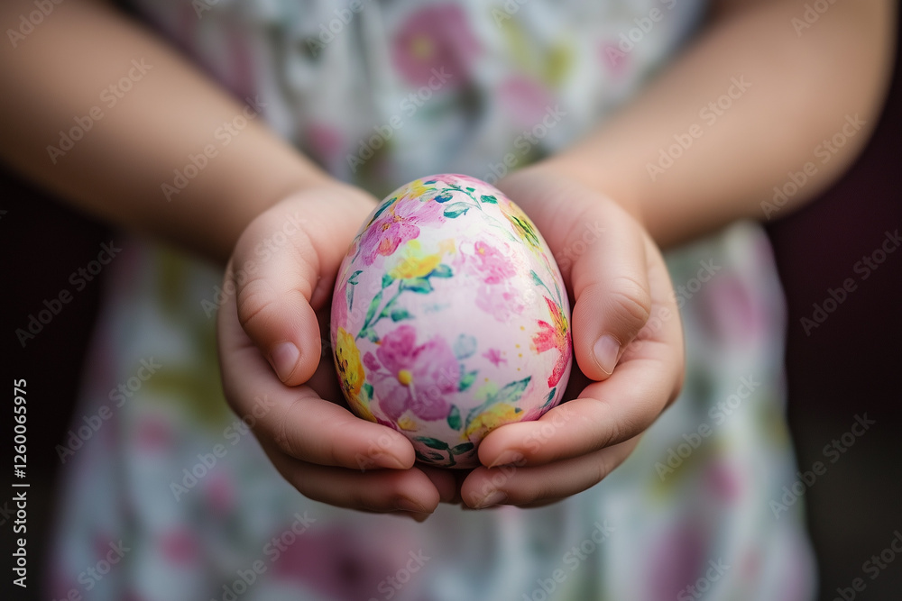 A child smiles while gently cradling a colorful, hand-painted Easter egg adorned with floral designs in their hands. The setting reflects a joyful spring atmosphere. Generative AI A child smiles while gently cradling a colorful, hand-painted Easter egg adorned with floral designs in their hands. The setting reflects a joyful spring atmosphere. Generative AI