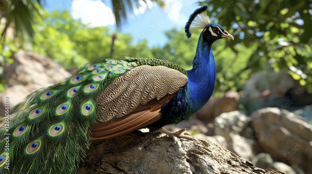 Obraz premium vibrant peacock perched on rock, showcasing its stunning plumage in lush, tropical setting