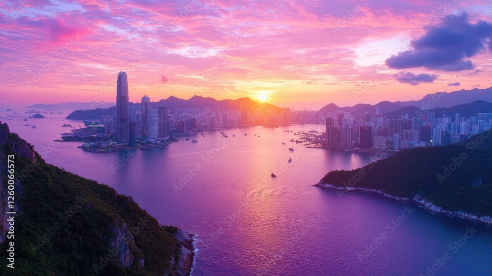 Naklejka premium Hong Kong Skyline Sunset Aerial View
