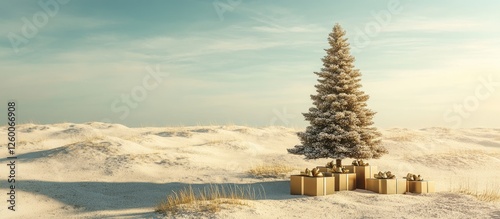 Fototapeta Naklejka Na Ścianę i Meble -  Wooden Christmas tree adorned with gifts in a snowy dune landscape under a clear sky, creating a serene and festive holiday atmosphere
