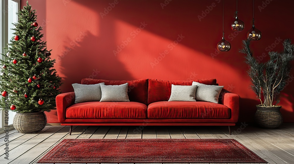 Obraz premium christmas tree and sofa on red wall background 3d render