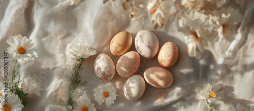 Eco-friendly Easter eggs and flowers arranged in a flat lay view with soft colors and natural light enhancing the pastel tones and textures. photo