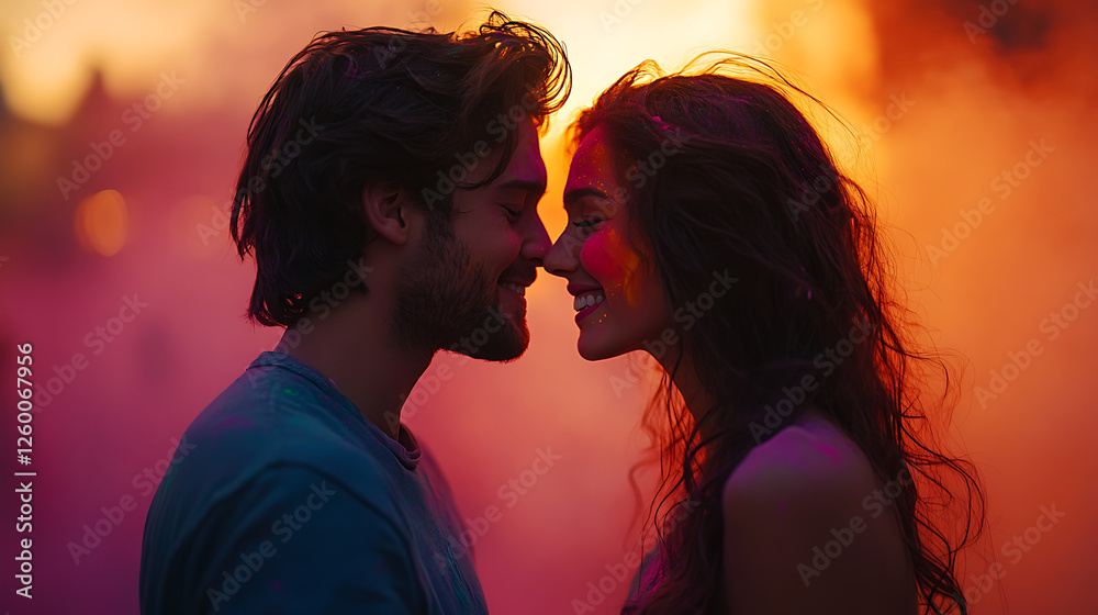 A romantic couple playing Holi, surrounded by vibrant colors, cinematic style, with soft lighting, dreamy atmosphere, and a sense of love and connection A romantic couple playing Holi, surrounded by vibrant colors, cinematic style, with soft lighting, dreamy atmosphere, and a sense of love and connection