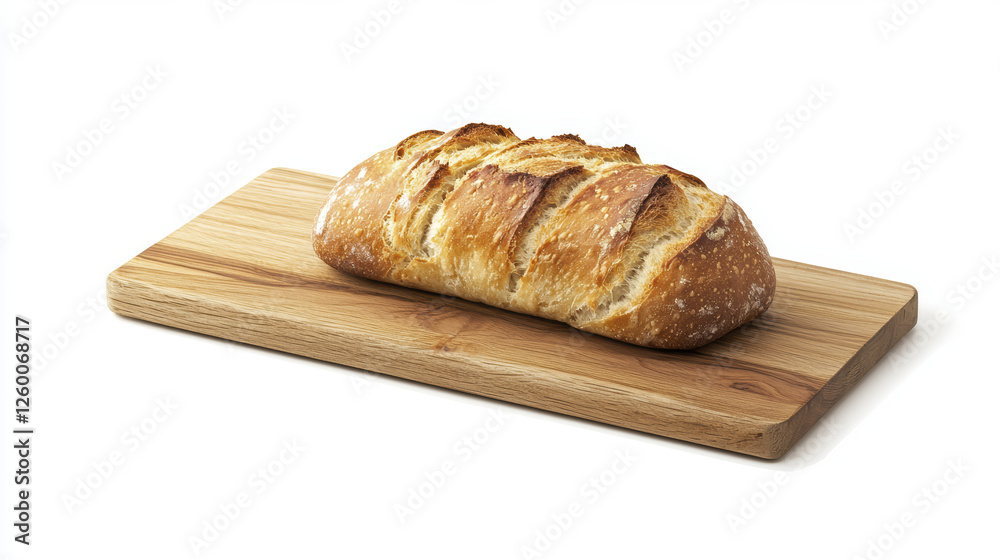 Freshly baked bread on wooden cutting board, showcasing its crusty texture and golden color. Perfect for meals or snacks
