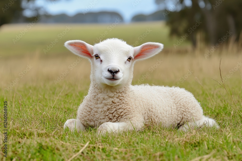 Lamb Lying on Pasture. Cute Sheep Resting in the Countryside Lamb Lying on Pasture. Cute Sheep Resting in the Countryside