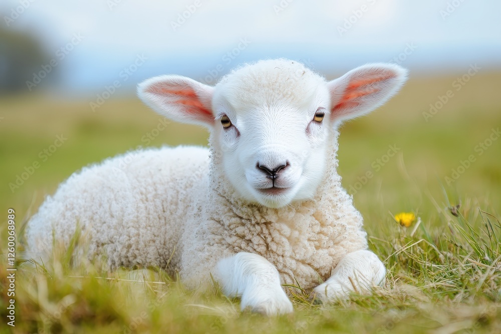 Lamb Lying on Pasture in Beautiful Countryside Farm Scene Lamb Lying on Pasture in Beautiful Countryside Farm Scene