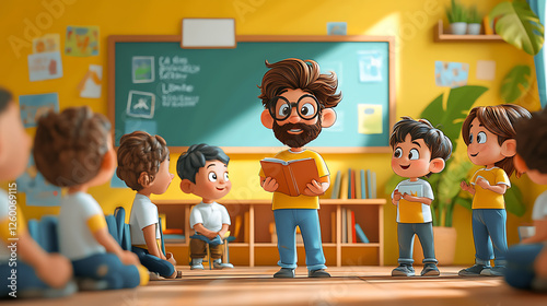 A volunteer teaching children in a classroom, cartoon style, with bright colors, playful expressions, and a focus on education and community 