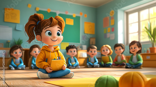 A volunteer teaching children in a classroom, cartoon style, with bright colors, playful expressions, and a focus on education and community 