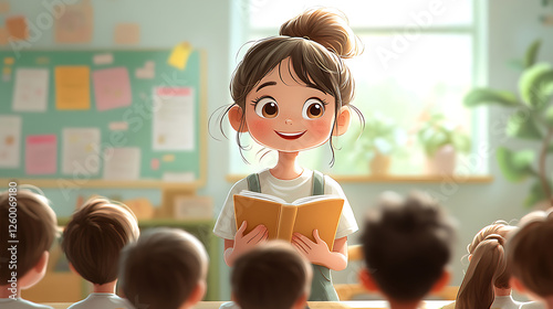 A volunteer teaching children in a classroom, cartoon style, with bright colors, playful expressions, and a focus on education and community 