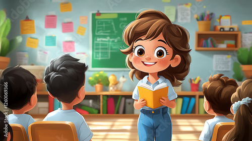 A volunteer teaching children in a classroom, cartoon style, with bright colors, playful expressions, and a focus on education and community 