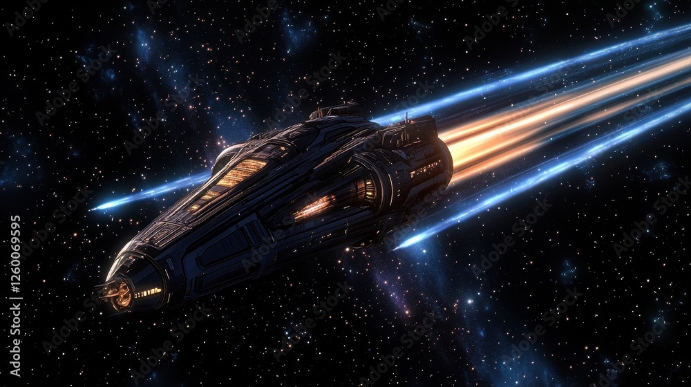 Spaceship hurtles through the cosmos leaving trails of light Spaceship hurtles through the cosmos leaving trails of light