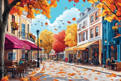 Autumn street cafe, fall leaves, city, birds