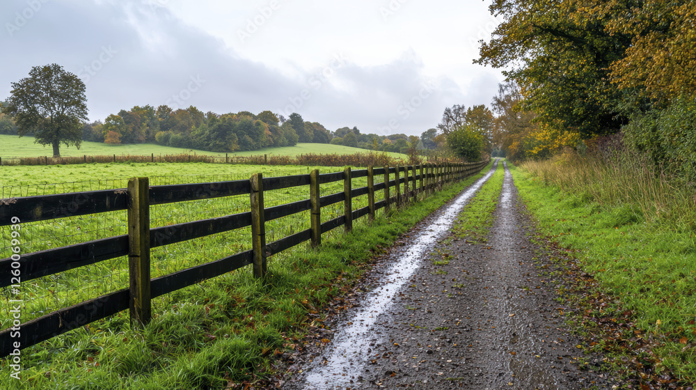serene country road lined with wooden fence, surrounded by lush greenery and autumn foliage. wet path reflects cloudy sky serene country road lined with wooden fence, surrounded by lush greenery and autumn foliage. wet path reflects cloudy sky