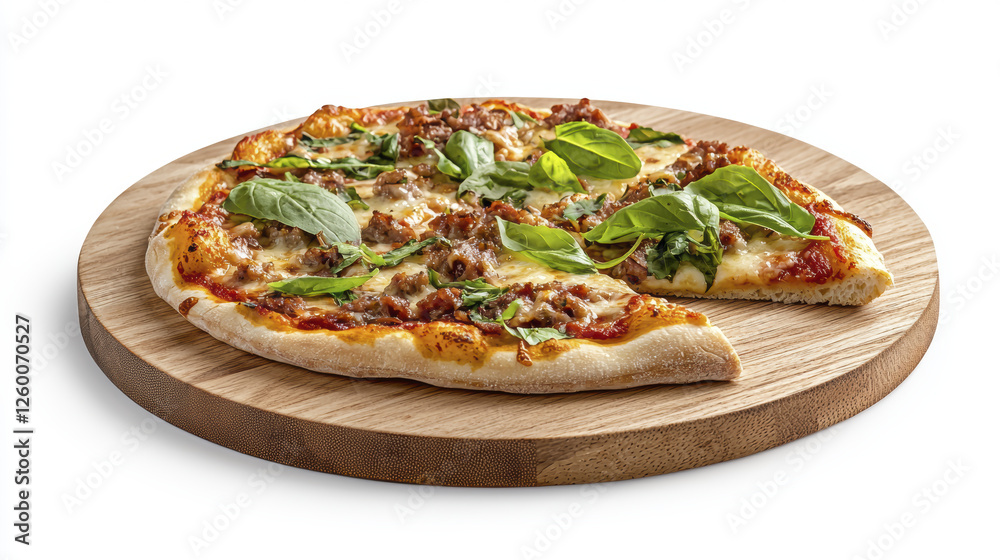 Delicious pizza with sausage, cheese, and fresh basil on wooden board Delicious pizza with sausage, cheese, and fresh basil on wooden board