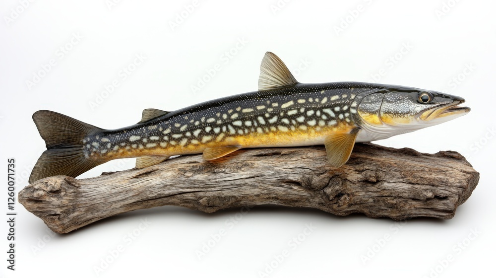 Naklejka premium Pike fish relaxing on rustic dock with tranquil white background