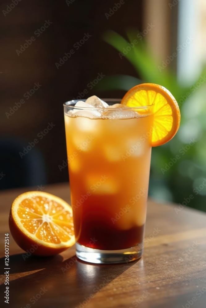 Fototapeta premium Refreshing iced coffee, orange slices, wood table, texture, rustic, stock