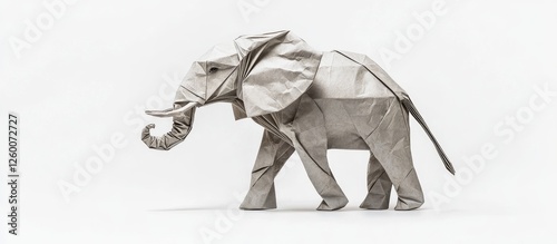 Origami elephant sculpture in light gray paper, positioned centrally with legs bent and trunk raised, set against a clean white background.