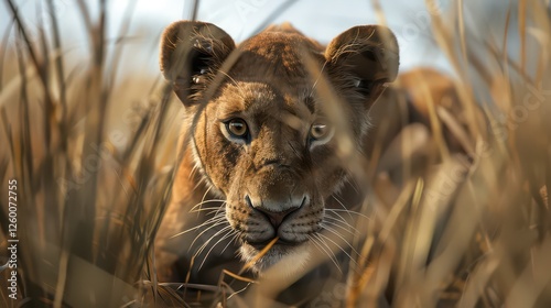 A close-up of a lioness crouching low in the savanna, eyes focused ahead as the blurred backdrop creates a tense atmosphere of the hunt.  photo
