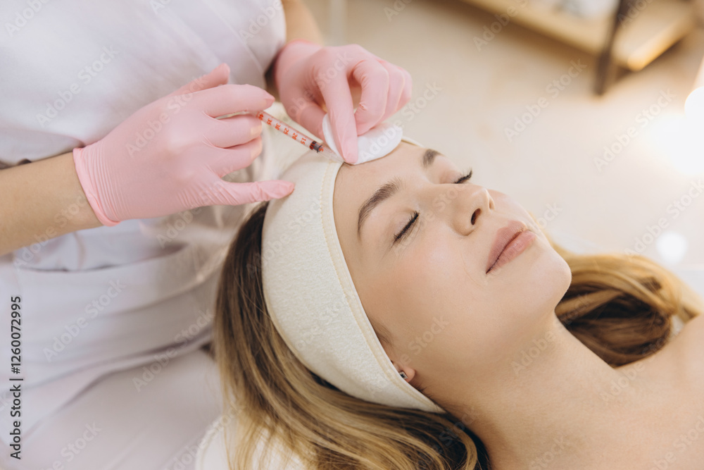 Fototapeta premium Cosmetologist making rejuvenating injection on forehead of young woman for reducing wrinkles in beauty salon