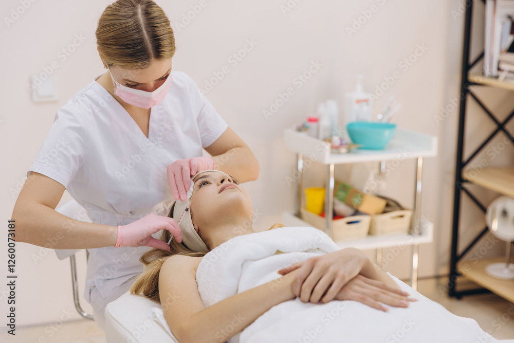 Beautician wearing surgical mask and gloves injecting botox on forehead of young woman for facial rejuvenation treatment in beauty salon Beautician wearing surgical mask and gloves injecting botox on forehead of young woman for facial rejuvenation treatment in beauty salon