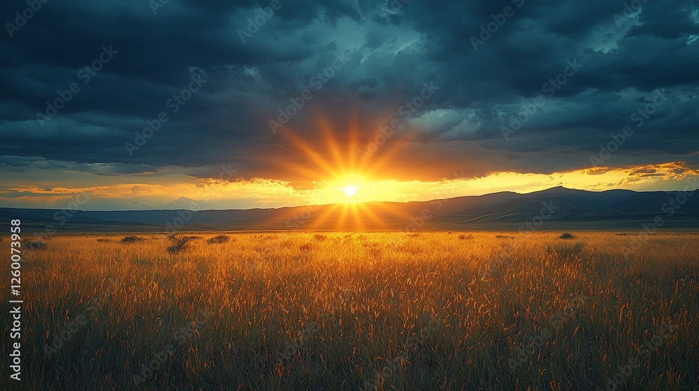 Sunset over golden field, mountains background, dramatic sky, nature scene Sunset over golden field, mountains background, dramatic sky, nature scene