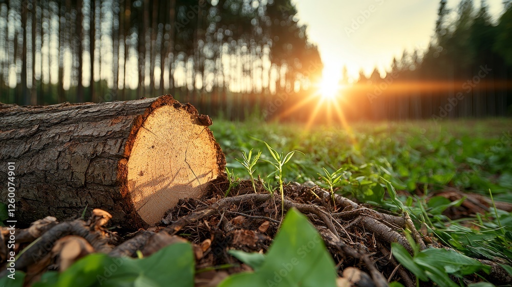 Fototapeta premium Golden Sunset Over Forest Log Tranquil Nature Scene Serene Environment Captivating Viewpoint Peaceful Concept