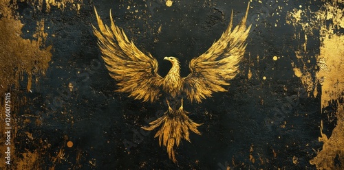 Golden phoenix soars against a textured dark background