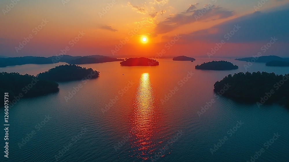 Fototapeta premium Sunset over lake islands, aerial view, calm water, orange sky, nature scene