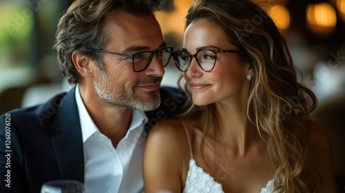 Couple enjoys a romantic dinner in an upscale restaurant during the evening with candlelight ambiance and elegant attire