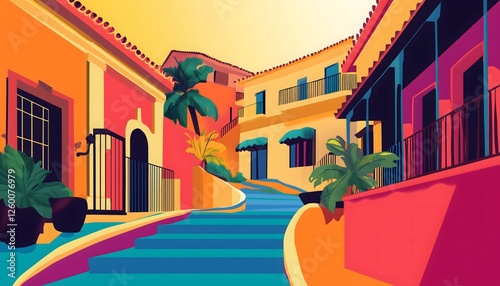 Vibrant illustration of colorful hacienda houses