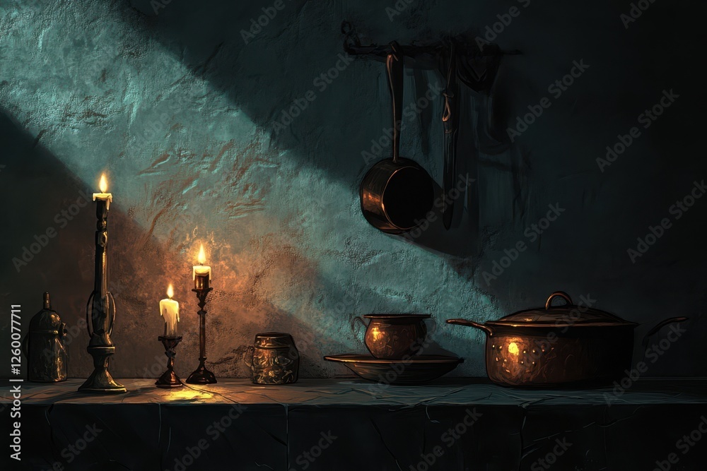Still life of candles and cookware casting shadows on wall Still life of candles and cookware casting shadows on wall