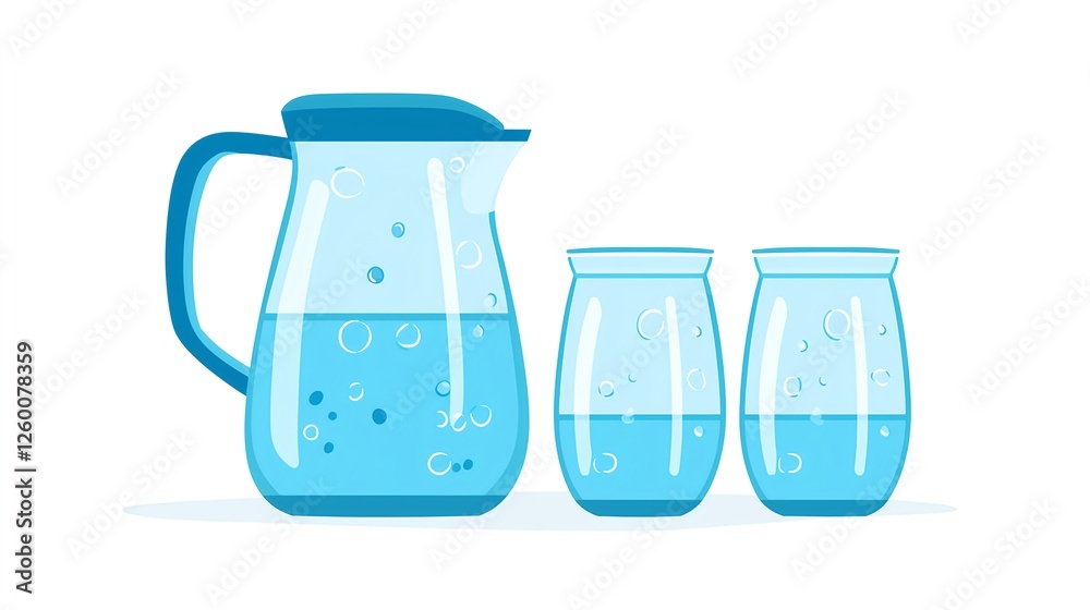Fresh Water Pitcher and Glasses with Bubbles Illustration Fresh Water Pitcher and Glasses with Bubbles Illustration