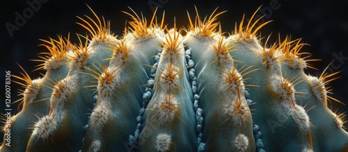 Alicobacatum Cactus close-up showcasing vibrant blue-green body with golden glow from spines against a dark background highlighting its unique texture