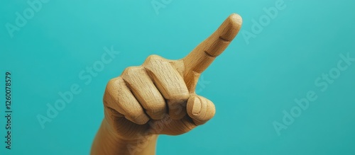 Wooden hand with an index finger raised pointing upwards against a solid turquoise background symbolizing direction and guidance in a thoughtful manner.