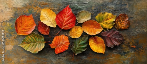 Vibrant arrangement of various autumn leaves in shades of orange, yellow, and red on a textured dark brown surface creating a seasonal aesthetic