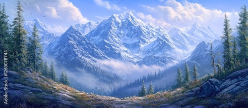 Majestic snow-capped mountains under a bright blue sky with wispy clouds and a misty valley surrounded by evergreen trees in the foreground.