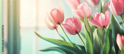 Vibrant pink tulips with green leaves in soft focus against a light blue background, capturing the essence of spring and freshness.
