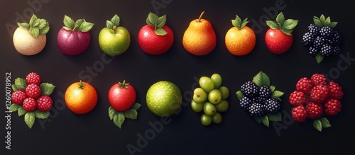 Vibrant aerial arrangement of assorted fruits and berries in a horizontal line against a dark background, featuring reds, greens, and yellows.