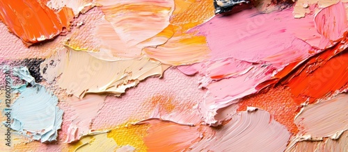 Vibrant abstract art close-up with strokes of orange pink beige and blue using a palette knife arranged in textured layers on canvas background.