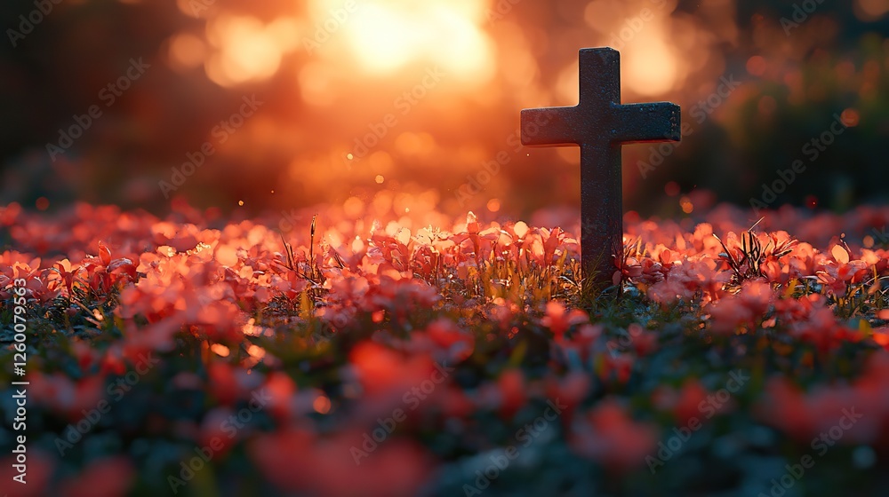 cross in the meadow at sunset conceptual image of religion