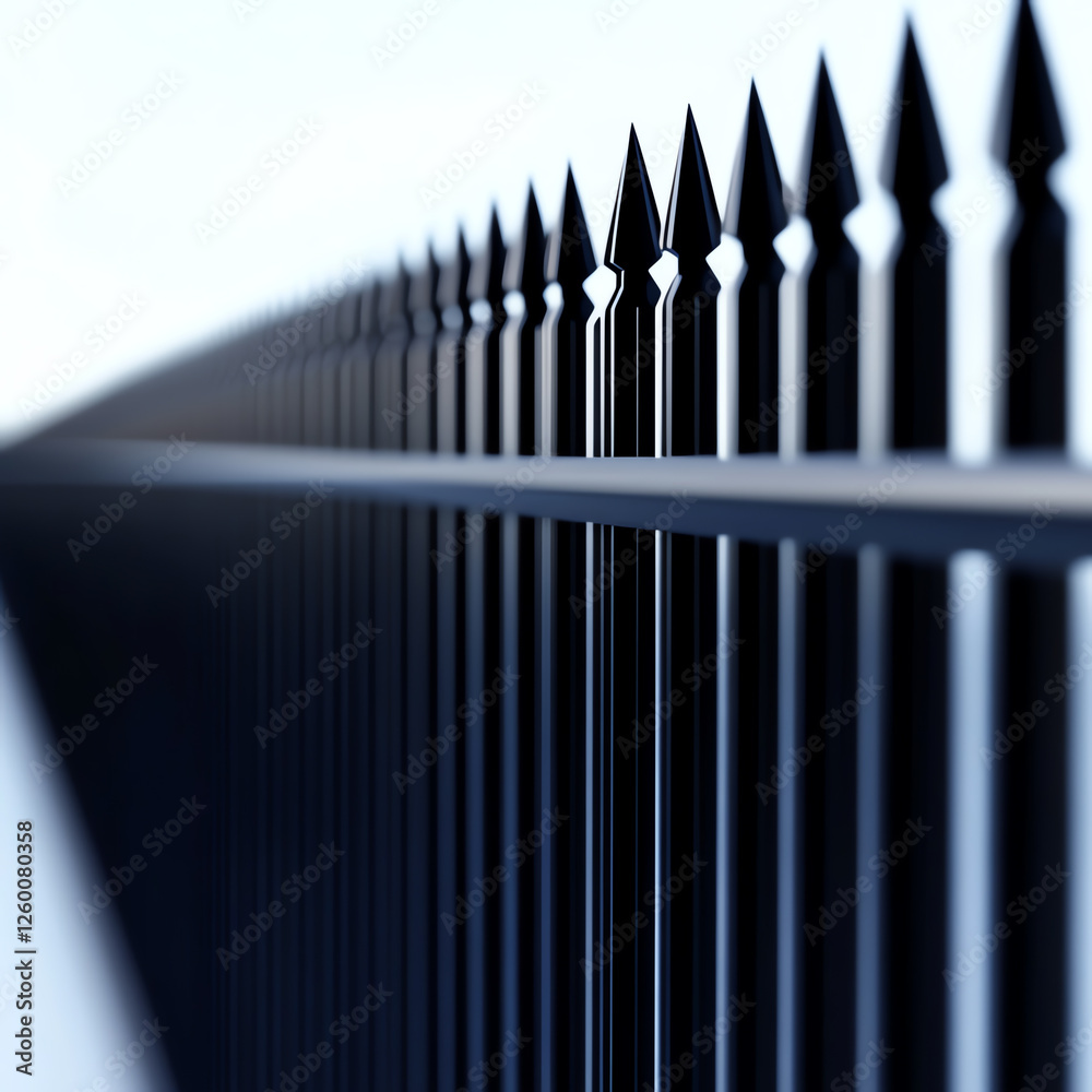 A close-up view of a sleek, modern black fence with pointed tops, showcasing the elegant design and structure A close-up view of a sleek, modern black fence with pointed tops, showcasing the elegant design and structure