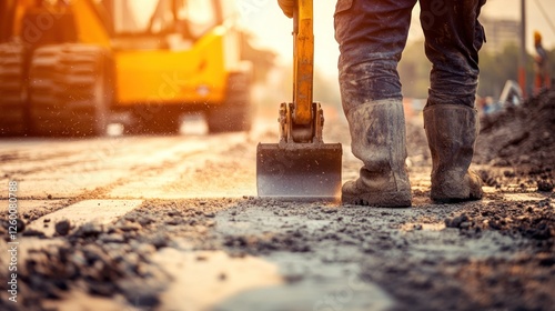Construction Worker Using Heavy Equipment During Roadwork