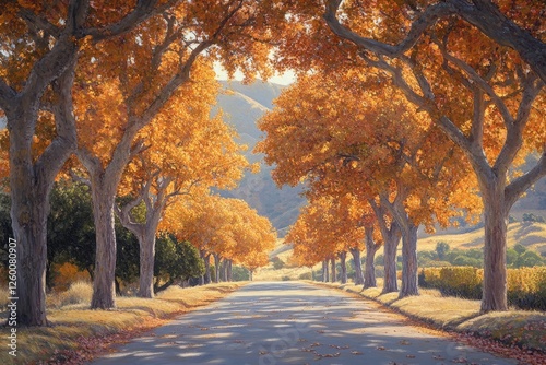 Autumnal road, vineyard valley, sunlight, fall foliage, scenic drive, nature print