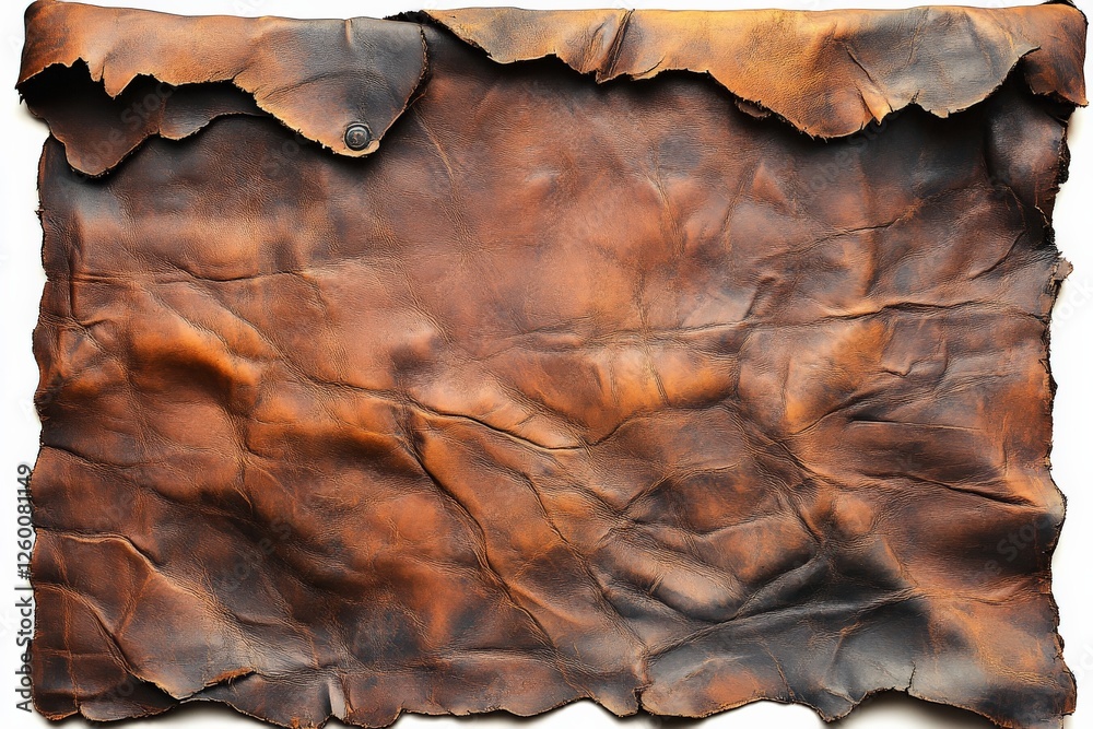 Textured brown leather piece featuring natural creases and irregular edges displayed on a neutral background for artistic impression Textured brown leather piece featuring natural creases and irregular edges displayed on a neutral background for artistic impression